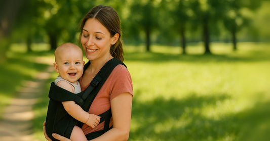 porte-bébé été – parent portant bébé en extérieur à l’ombre