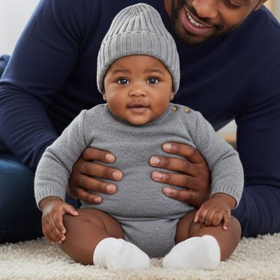 Bébé portant un bonnet bébé gris foncé assis dans les bras de son papa