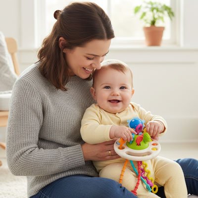 Maman jouant avec son bébé et un jouet bébé éveil éducatif