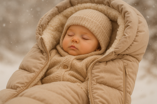 Bébé endormi et bien au chaud dans une chancelière beige lors d’une sortie en hiver