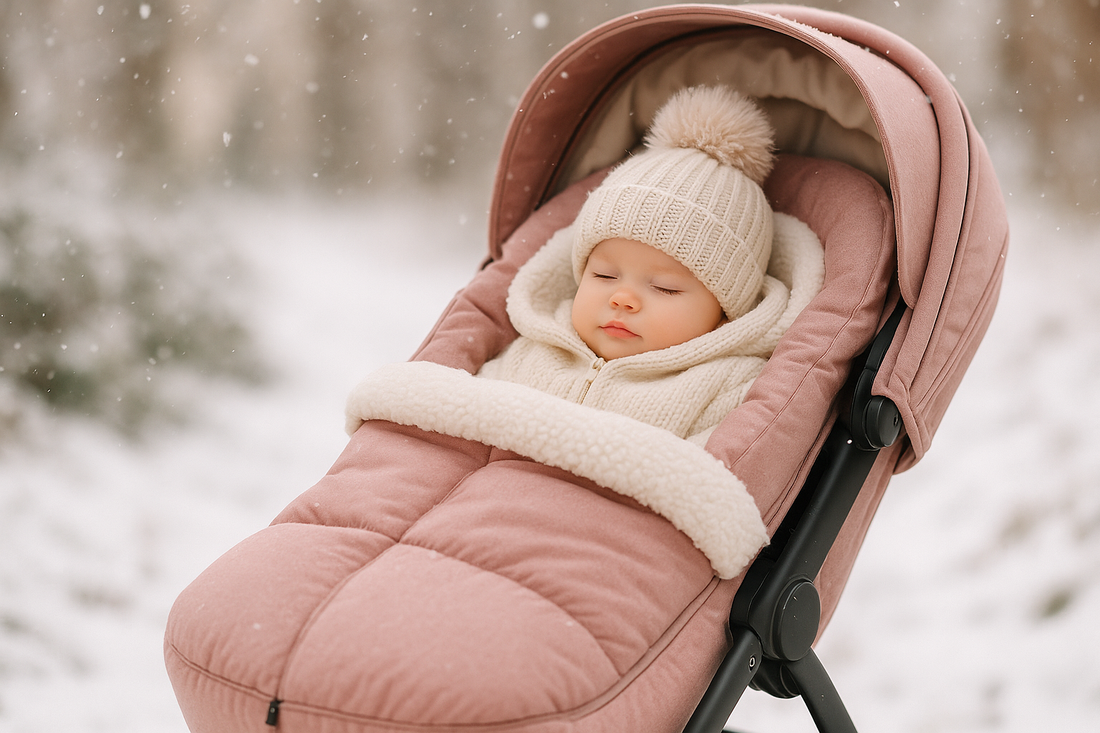 Bébé protégé du froid dans une chancelière épaisse lors d’une balade hivernale