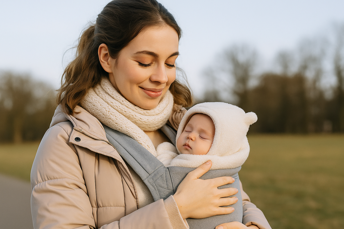 Jeune maman portant son nouveau-né pour une sortie en douceur, moment rassurant et sécurisé en extérieur.