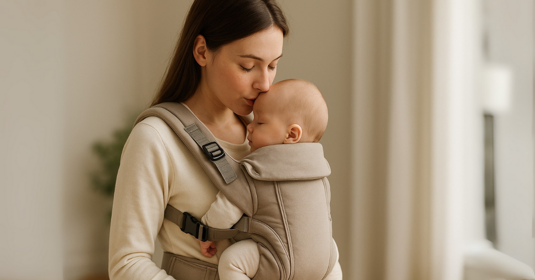 Maman embrassant son bébé sur le front portant son bébé en porte bébé ergonomique dans un intérieur chaleureux