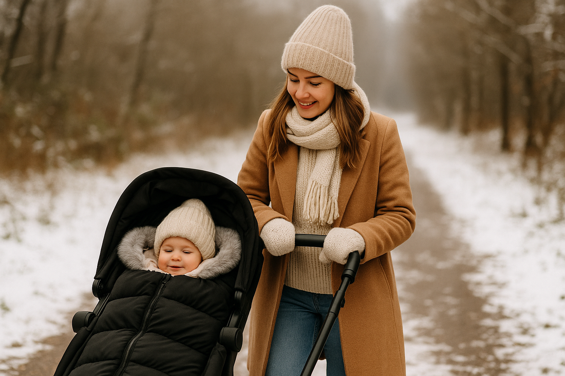 Maman promenant bébé en poussette avec une chancelière noire lors d’une balade hivernale