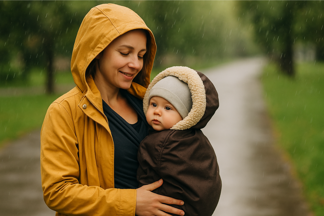 Maman portant son bébé sous la pluie avec une veste imperméable, sortie sereine malgré le mauvais temps