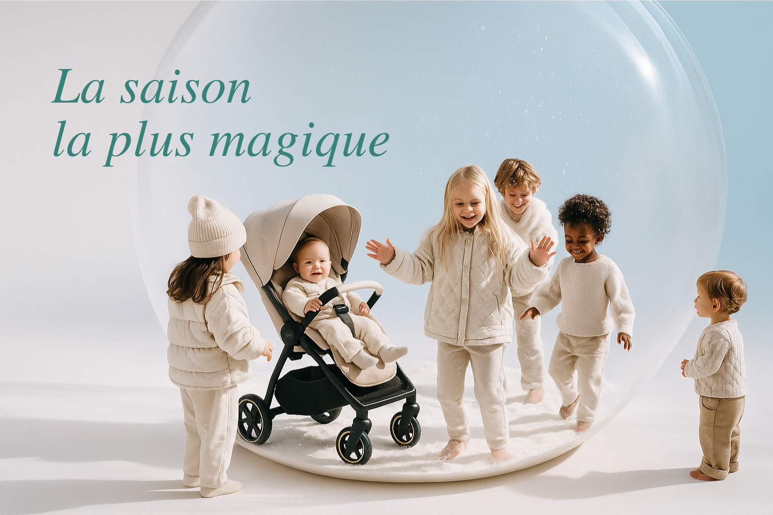 Enfants en tenue d’hiver autour d’une poussette dans une ambiance de fête de Noël