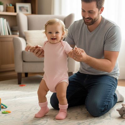 Apprentissage de la marche avec les chaussures bébé Noeupi™, semelle antidérapante.