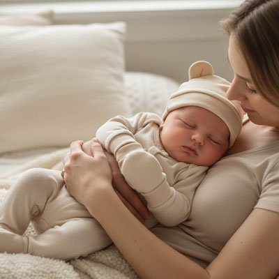 Bébé allongé contre sa maman, portant un bonnet bébé beige dans une ambiance cosy