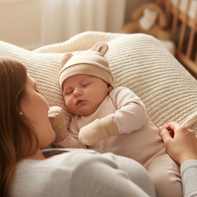 Bébé allongé sur le lit avec un bonnet bébé beige à côté d’un autre nourrisson