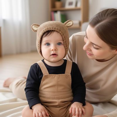 Bébé assis près de sa maman, portant un bonnet bébé beige dans une ambiance chaleureuse