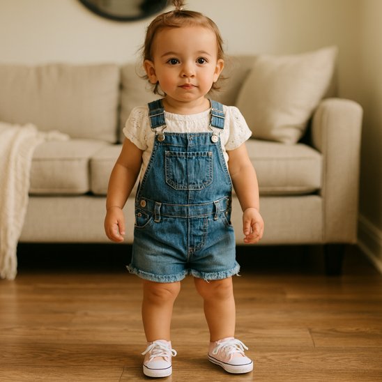 Bébé debout en salopette portant des chaussure bébé souples pour premiers pas dans le salon