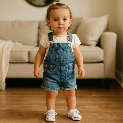 Bébé debout en salopette portant des chaussure bébé souples pour premiers pas dans le salon