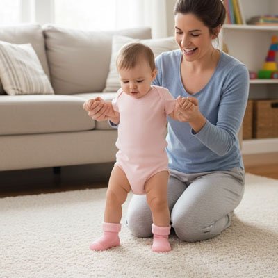 Bébé faisant ses premiers pas avec les chaussures bébé Noeupi™, aide à la stabilité.