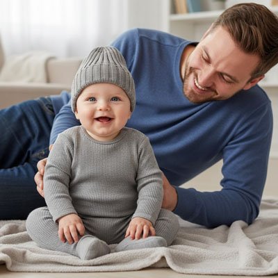 Bébé jouant avec sa maman tout en portant un bonnet bébé gris dans une ambiance chaleureuse