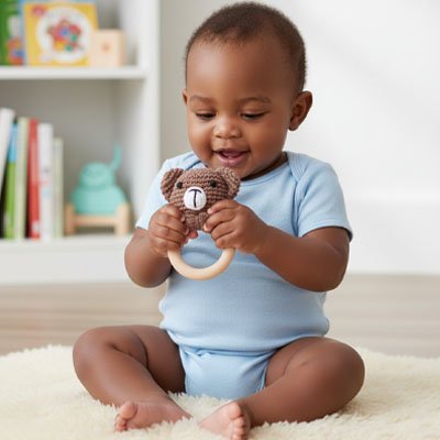 Bébé jouant avec un hochet bébé sensoriel bleu – jouet d’éveil 0-12 mois