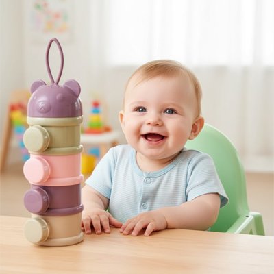 Bébé souriant à table à côté d’une boîte doseuse de lait, moment repas heureux.