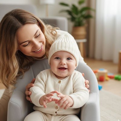 Bébé souriant portant un bonnet bébé gris clair dans les bras de sa maman