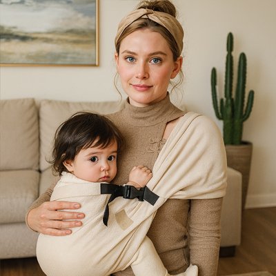 Écharpe de portage créant un cocon rassurant pour bébé, idéal pour l’apaisement et les moments câlins.