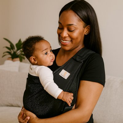 Écharpe de portage douce et sécurisante, bébé installé en position physiologique contre le parent.