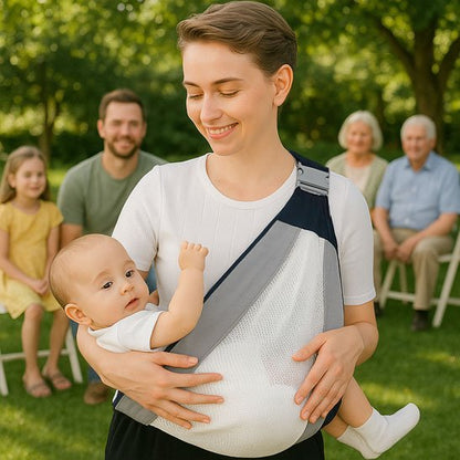 Écharpe de portage ergonomique permettant au papa de porter bébé en position physiologique pendant la marche.