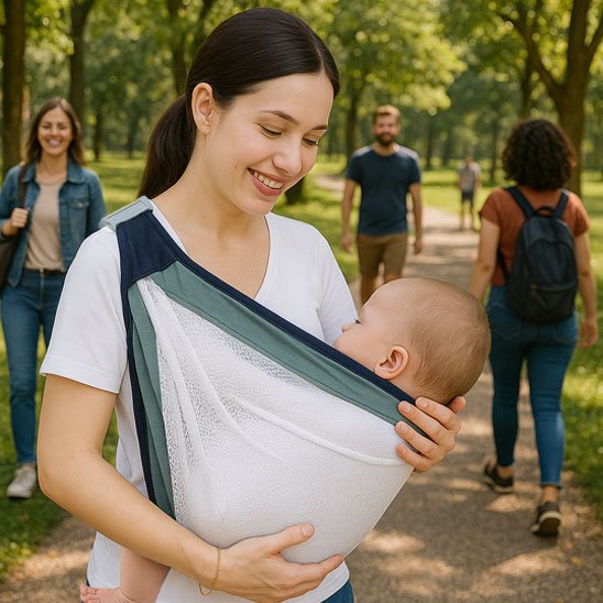 Écharpe de portage respirante adaptée aux sorties en plein air, bébé contre le cœur pour un portage sécurisant.