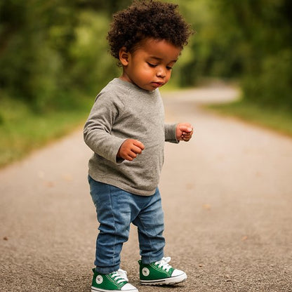 Enfant qui marche dehors avec des chaussure bébé antidérapantes pour premiers pas en extérieur