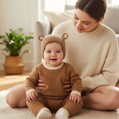 Maman assise avec son bébé portant un bonnet bébé beige, moment tendre
