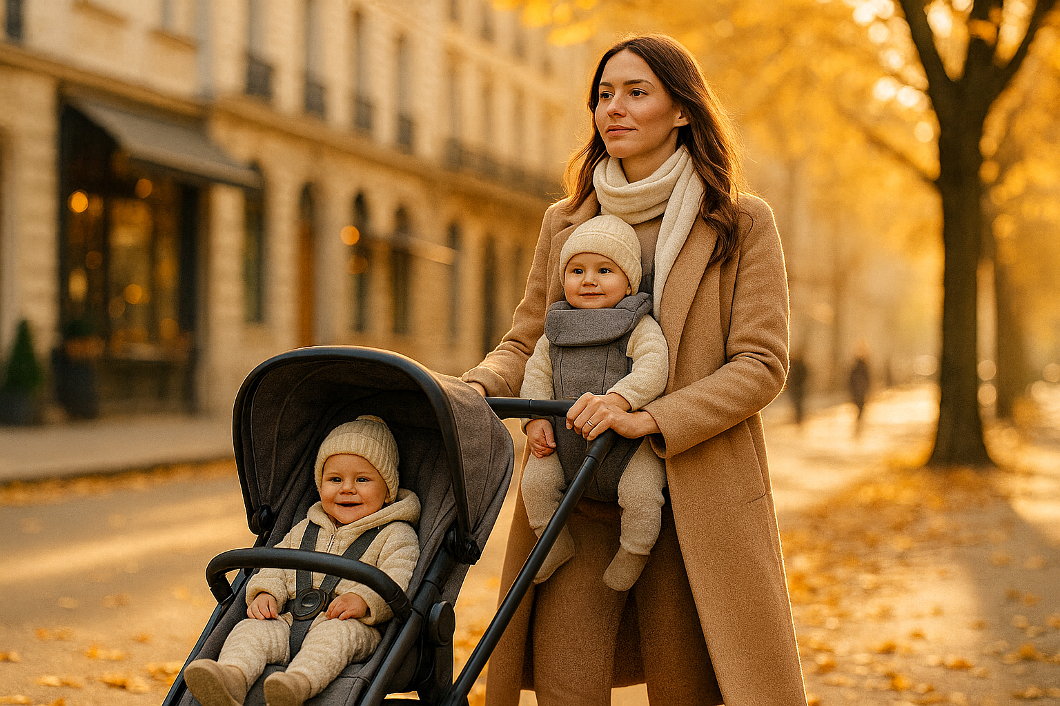 Maman élégante en manteau beige poussant une poussette grise avec un bébé et portant un second bébé dans un porte-bébé ergonomique, lors d’une sortie automnale en ville – Neo-Bébé™
