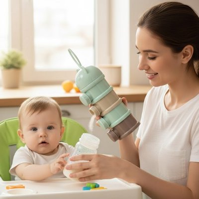 Maman préparant un biberon avec une boîte doseuse de lait, bébé assis à côté.