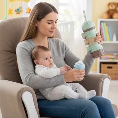 Maman tenant son bébé sur les genoux tout en utilisant une boîte doseuse de lait pour préparer le biberon.