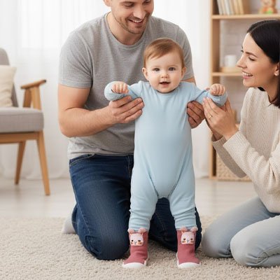 Papa aide son bébé à marcher avec chaussures bébé antidérapantes