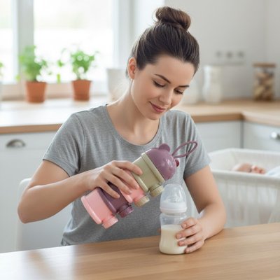 Parent versant la poudre dans un biberon grâce à une boîte doseuse de lait pratique.