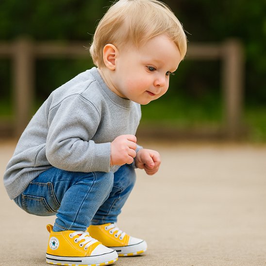 Petit garçon accroupi jouant, portant des chaussure bébé légères et flexibles pour la motricité