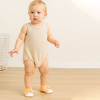 Premiers pas en sécurité grâce aux chaussures bébé Massone™, idéales pour la maison.