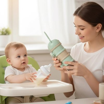 Préparation du biberon à table avec une boîte doseuse de lait et bébé observant attentivement.