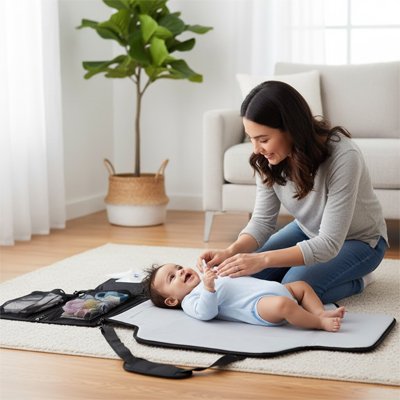 Tapis à langer nomade utilisé par une maman pour changer bébé confortablement à la maison